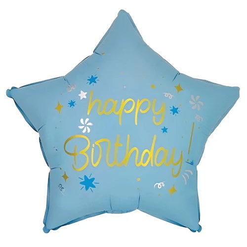 18 INCH GOLD HAPPY BIRTHDAY LIGHT BLUE STAR BALLOON