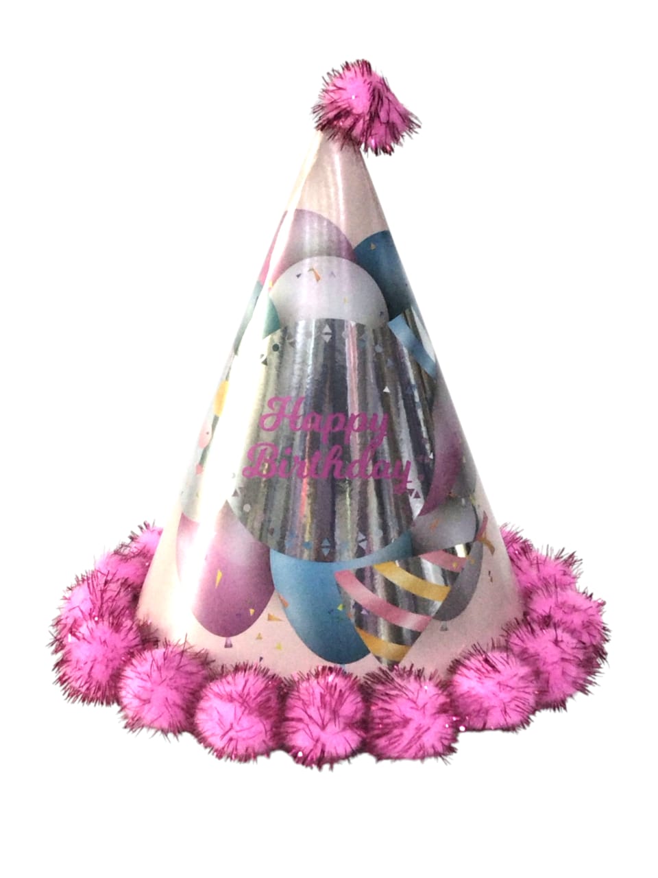 HAPPY BIRTHDAY POMPOM HAT SILVER PINK