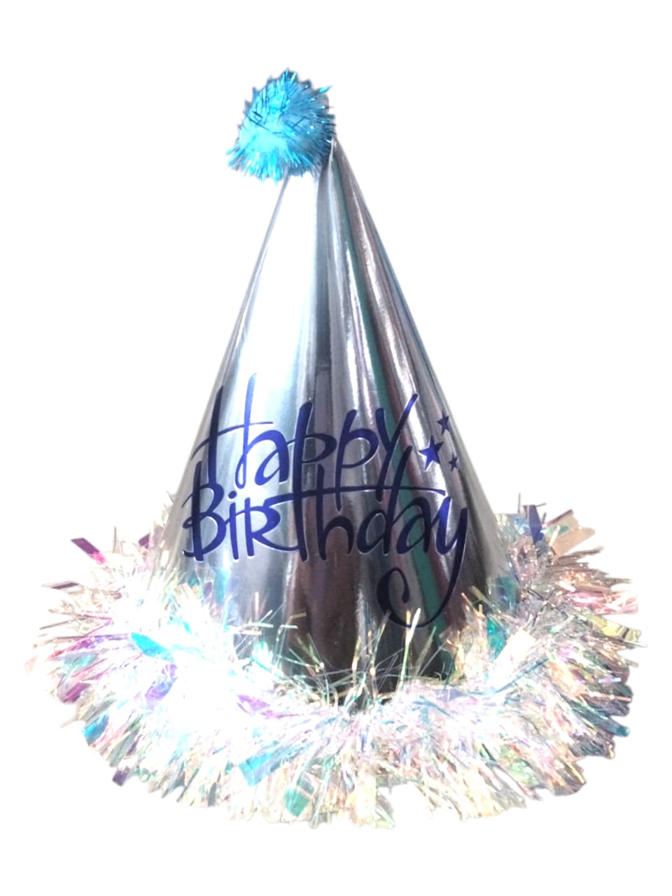 HAPPY BIRTHDAY IRIDESCRNT FRINGE HAT BLUE