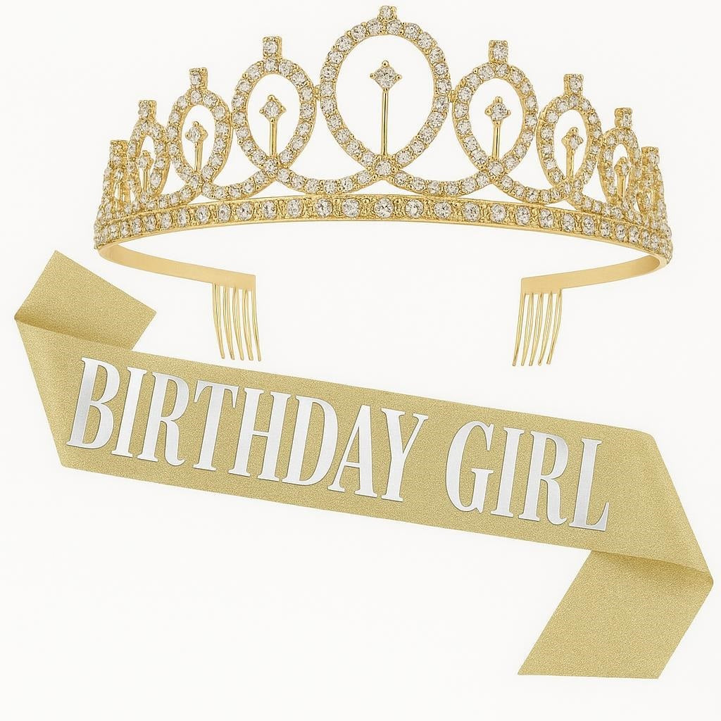 BIRTHDAY GIRL GLITTER SASH AND TIARA GOLD