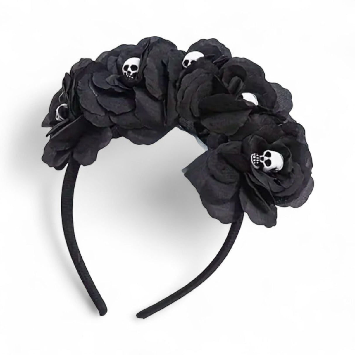 BLACK FLOWERS WITH MINI SKULLS HEAD BAND