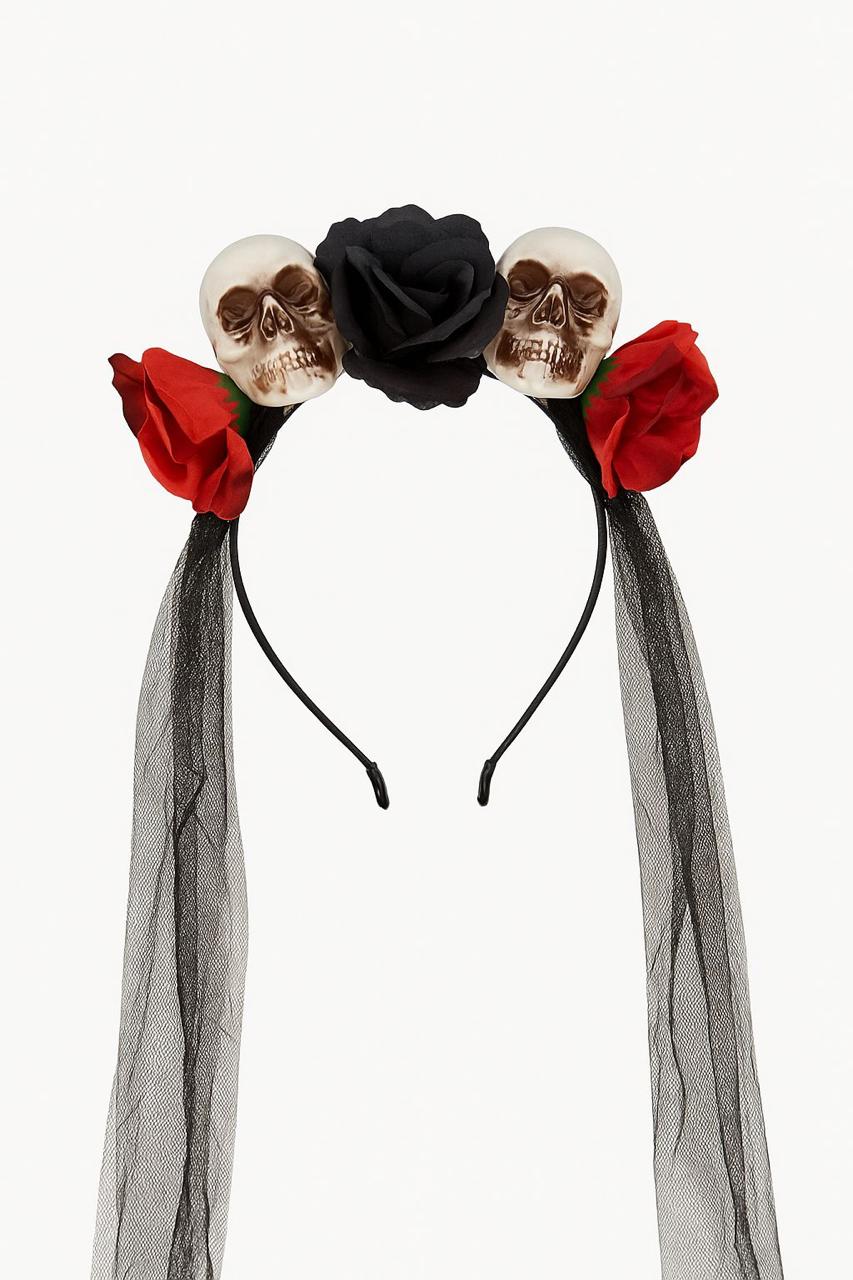 BLACK / RED FLOWERS WITH SKULLS AND TULL HEAD BAND