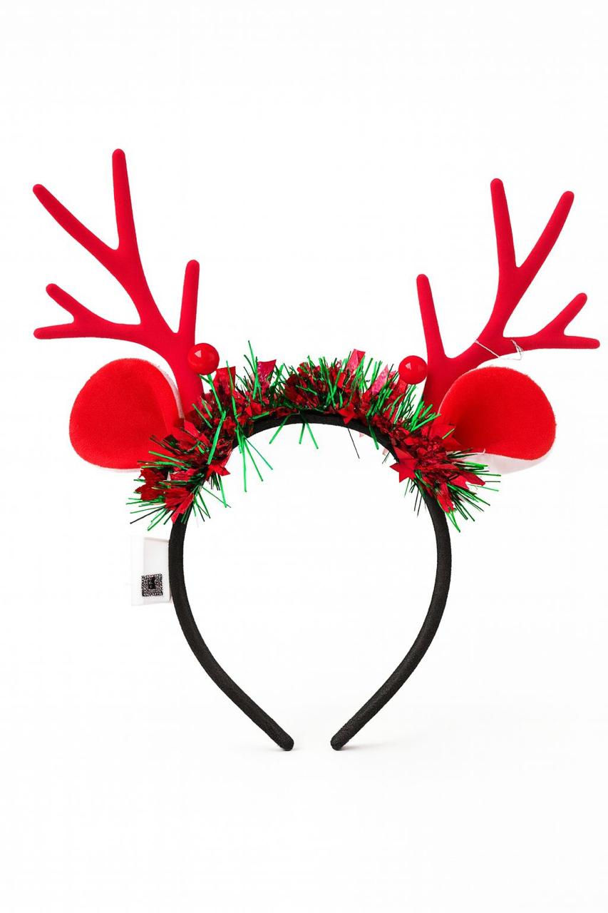 RED REINDEER WITH CHRISMAS TINSEL HEAD BAND WHITE