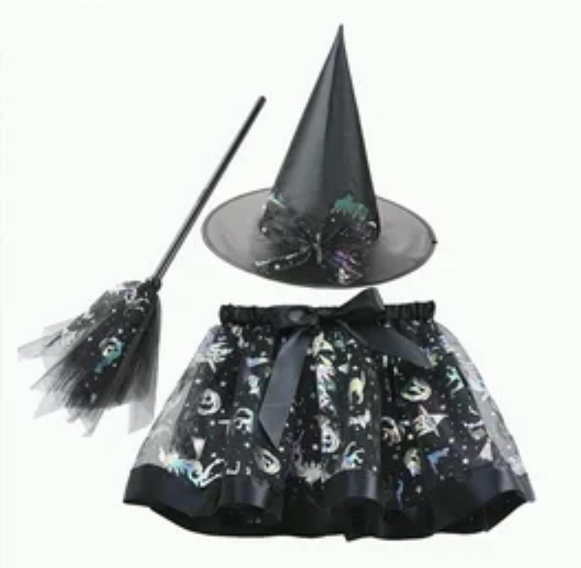 HALLOWEEN WITCH HAT BROOM AND TUTU SKIRT SET