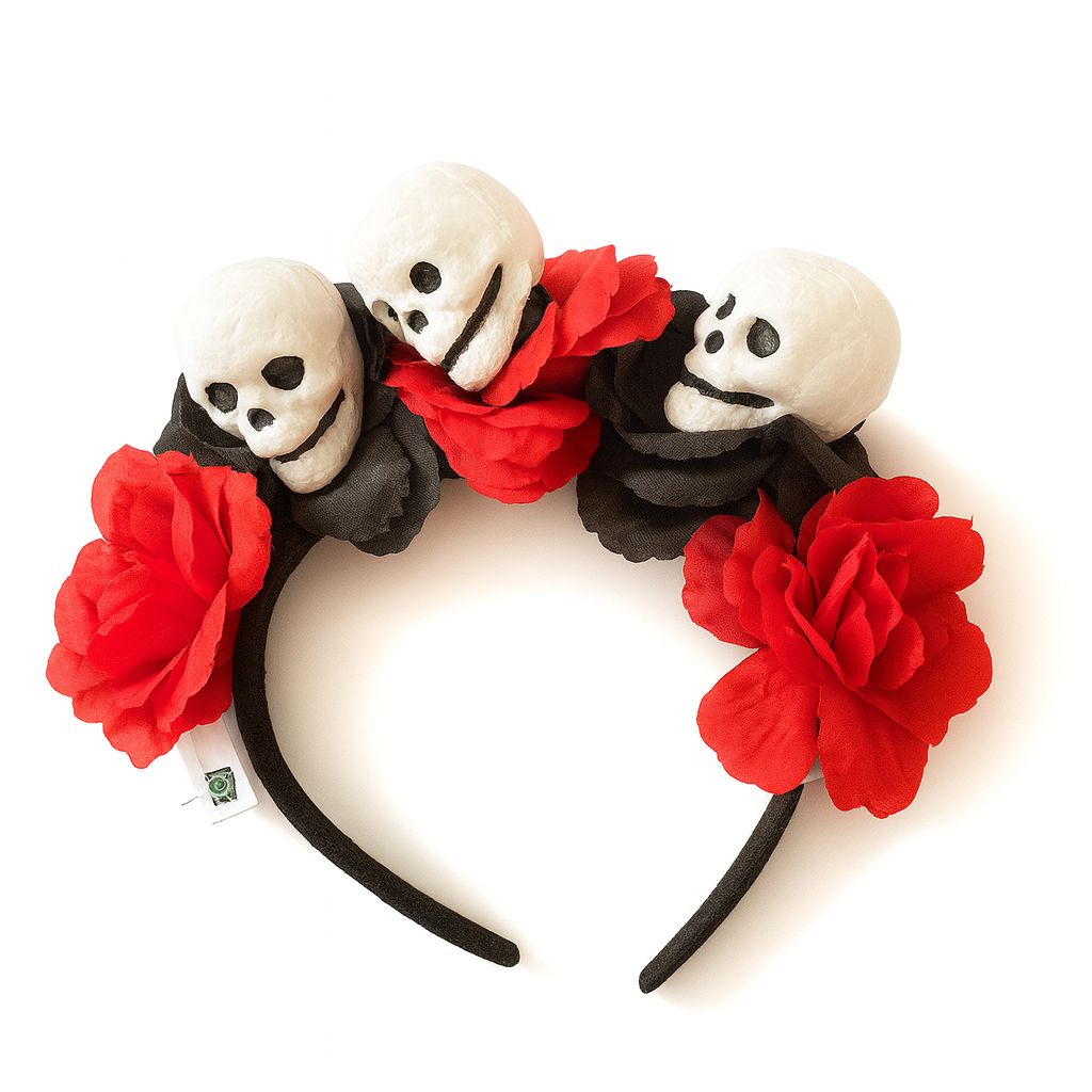 RED FLOWERS WITH SKULLS HEAD BAND