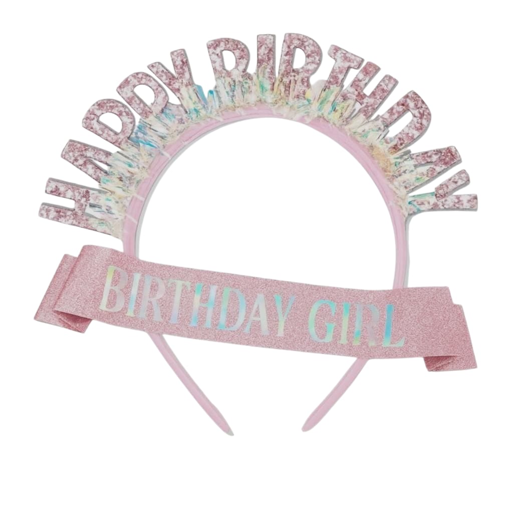 BIRTHDAY GIRL HEAD BAND WITH GLITTER SASH ROSE GOLD