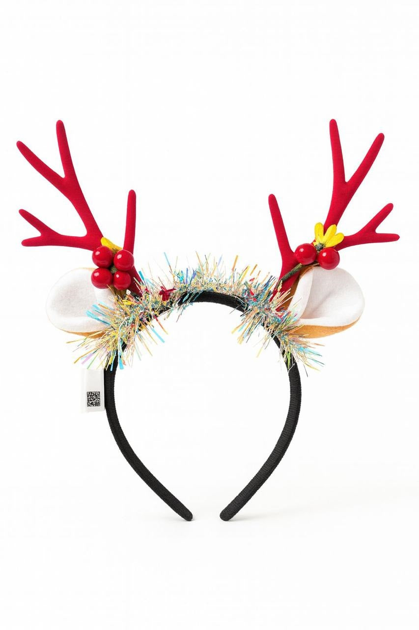 WHITE REINDEER WITH CHRISMAS TINSEL HEAD BAND RED