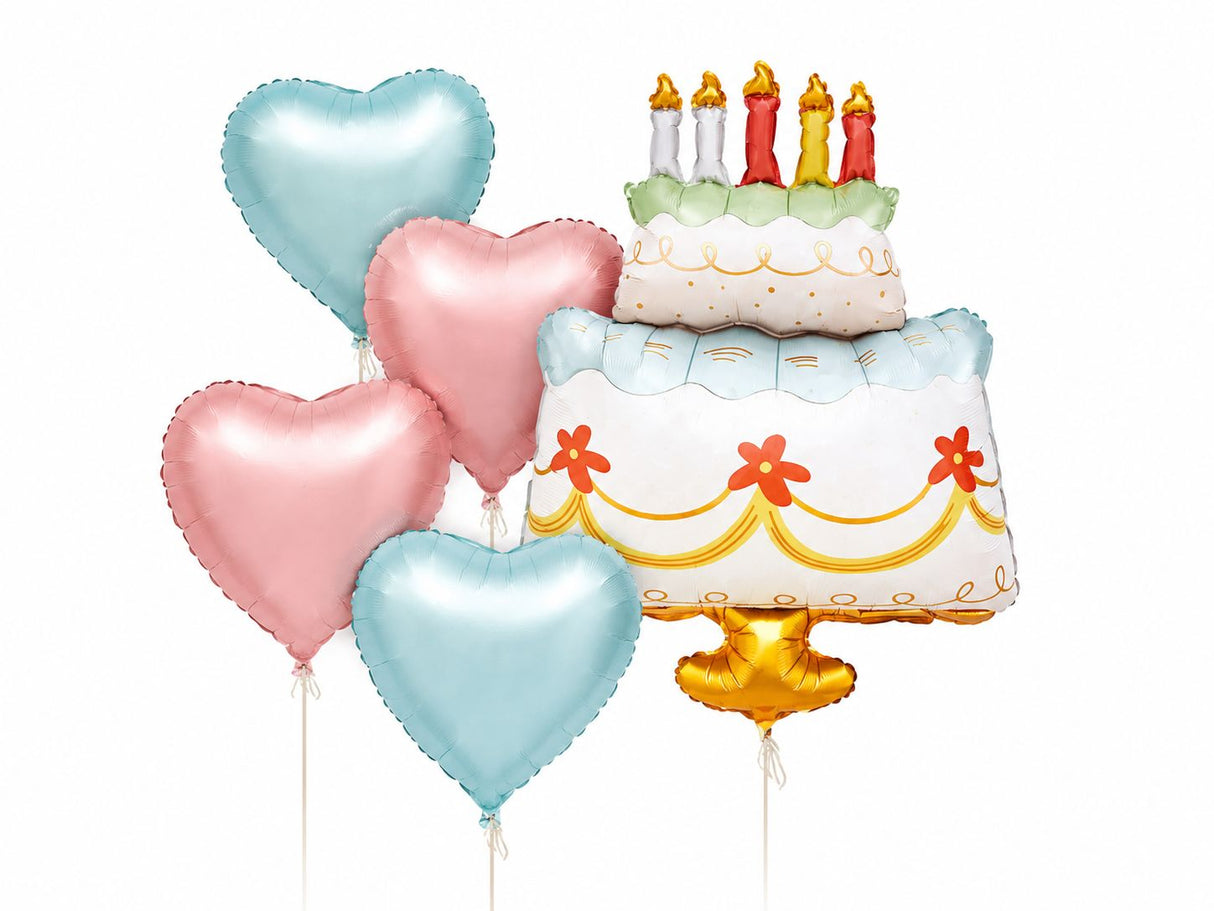 CAKE BALLOON AND HEARTS BOUQET