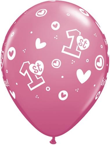 1st Birthday Circle Hearts Girl Balloon