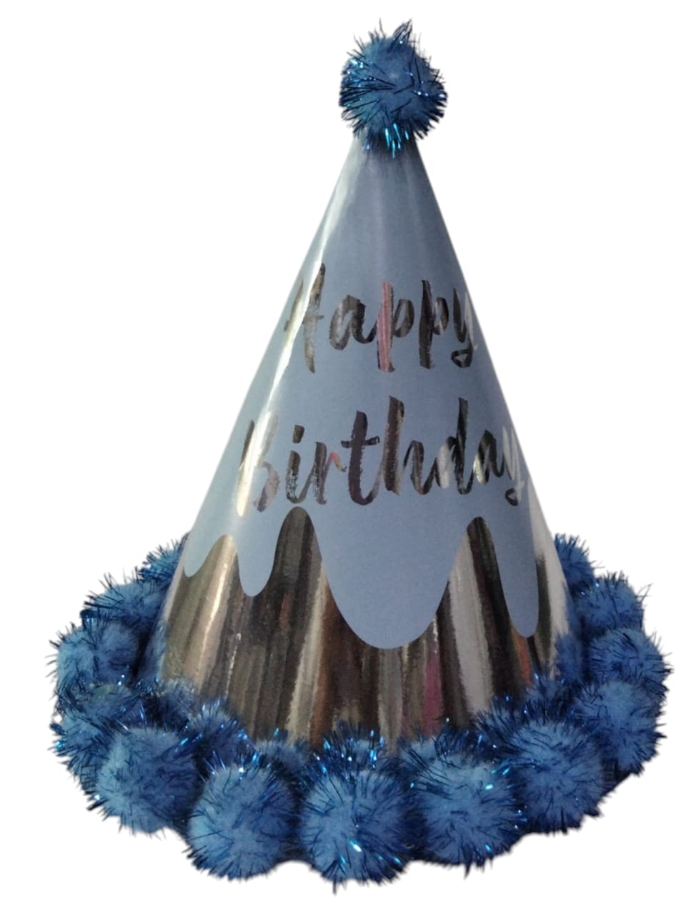 HAPPY BIRTHDAY POMPOM HAT BABY BLUE