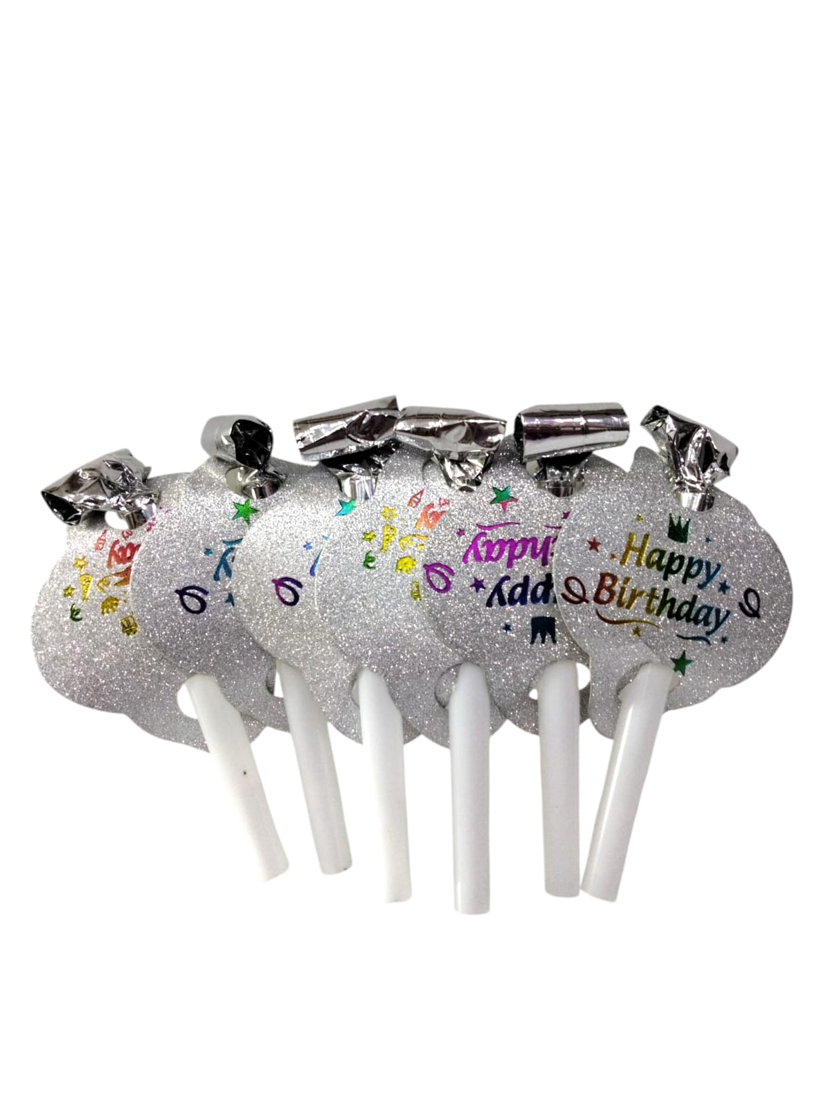 HAPPY BIRTHDAY GLITTER BLOWOUT 6 PCS SILVER
