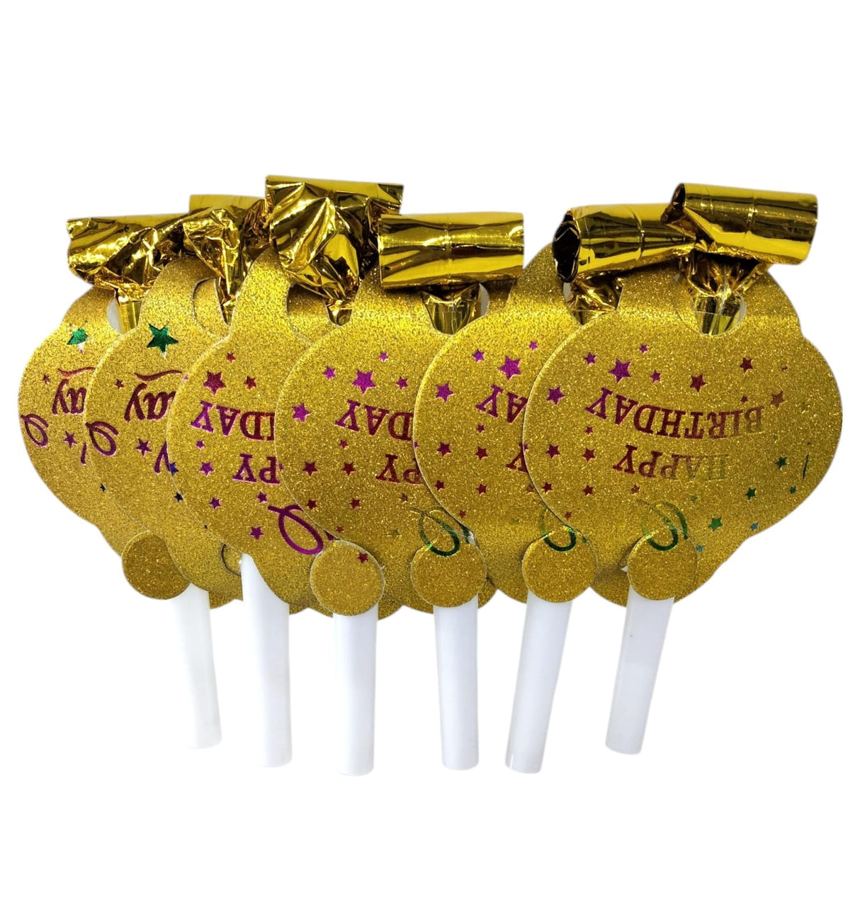 HAPPY BIRTHDAY GLITTER BLOWOUT 6 PCS GOLD