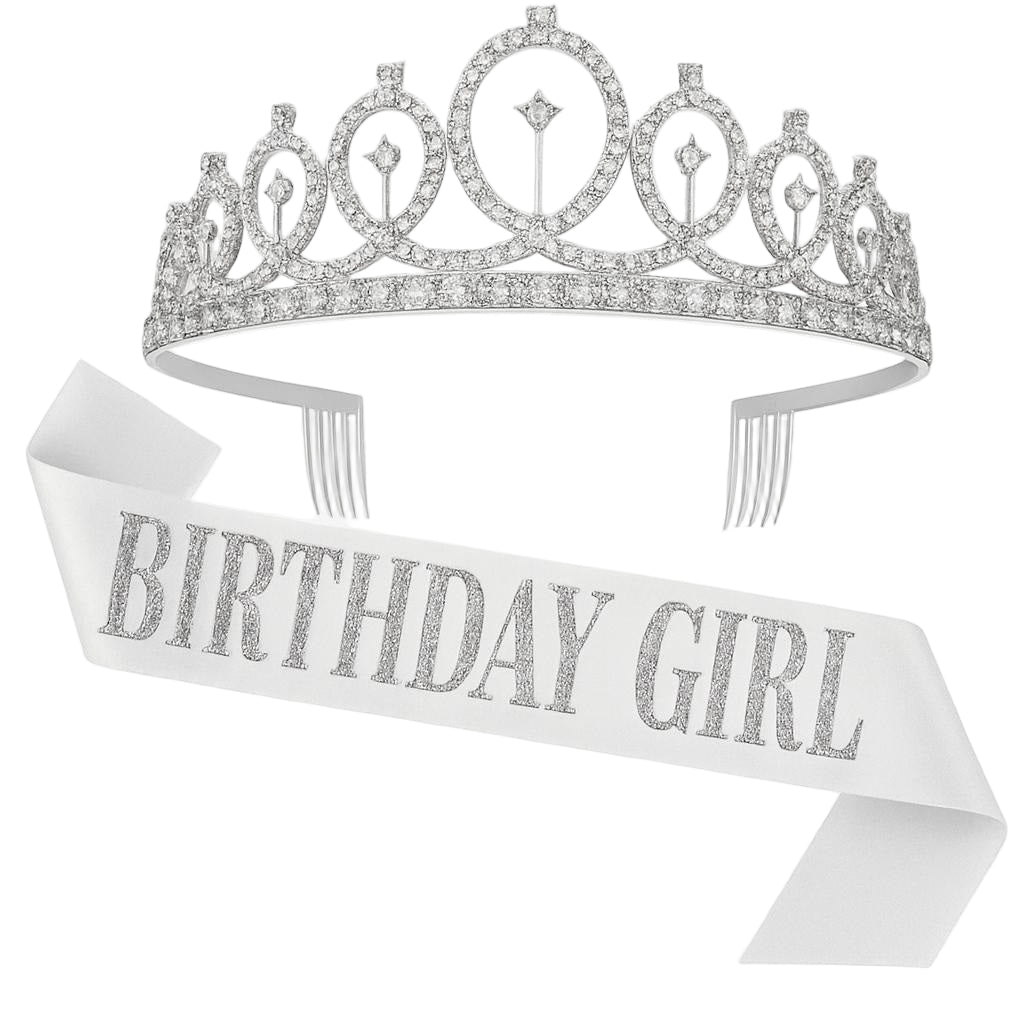 BIRTHDAY GIRL GLITTER SASH AND TIARA SILVER