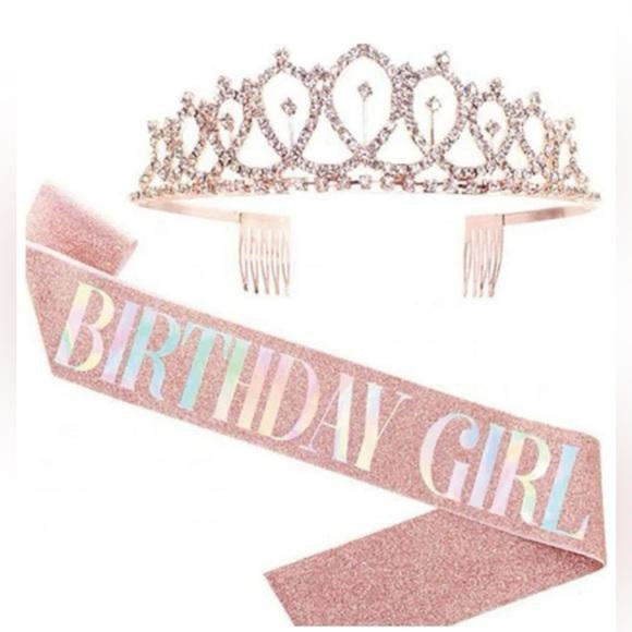 BIRTHDAY GIRL GLITTER SASH AND TIARA ROSE GOLD