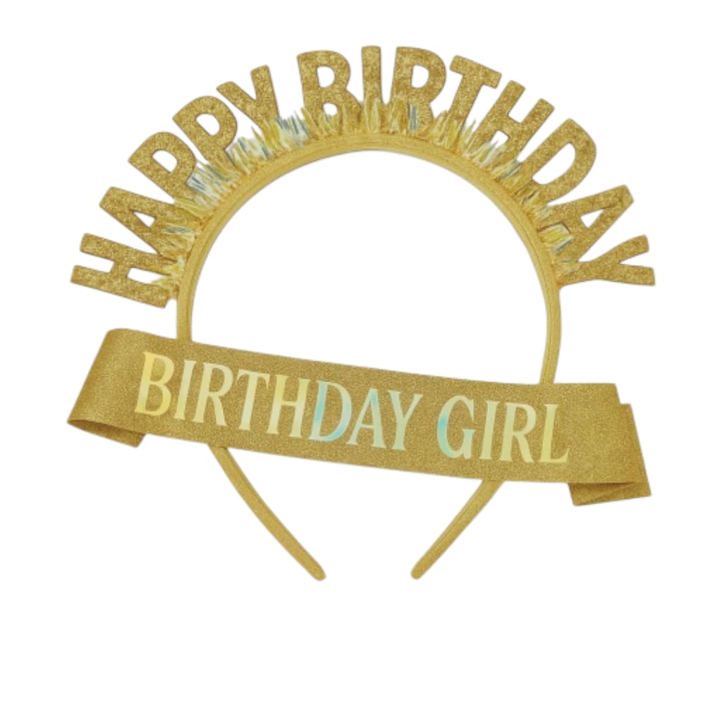 BIRTHDAY GIRL HEAD BAND WITH GLITTER SASH GOLD