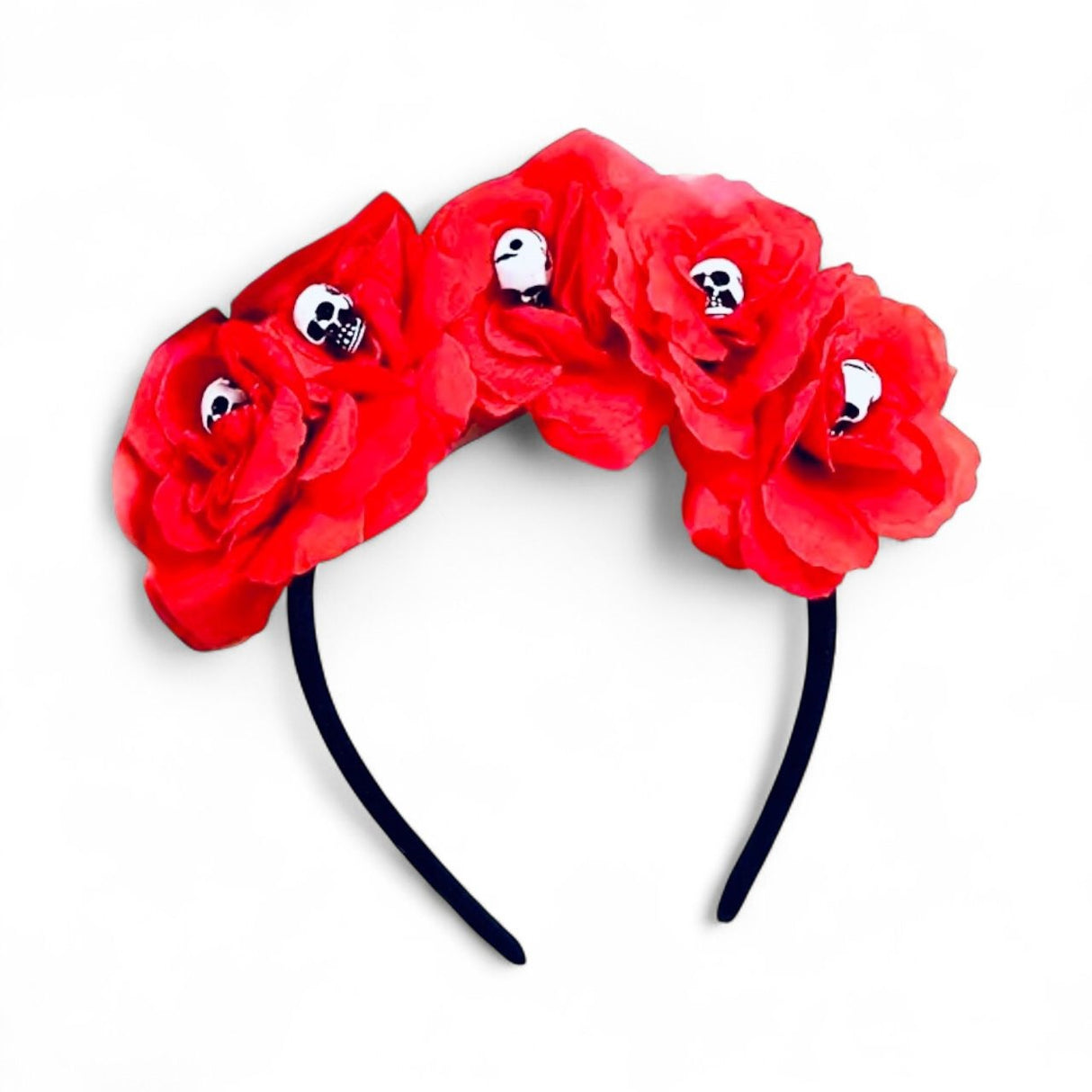 RED FLOWERS WITH SKULLS HEAD BAND
