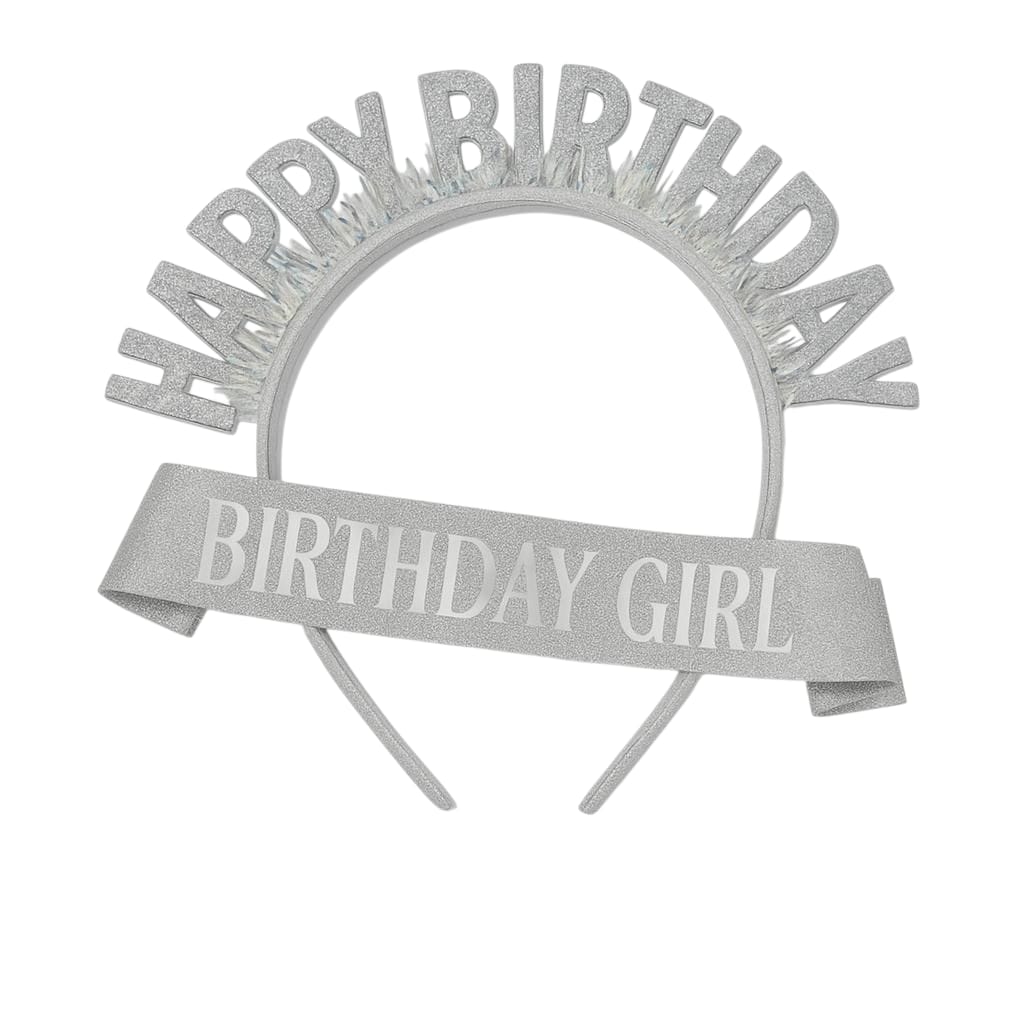 BIRTHDAY GIRL HEAD BAND WITH GLITTER SASH SILVER
