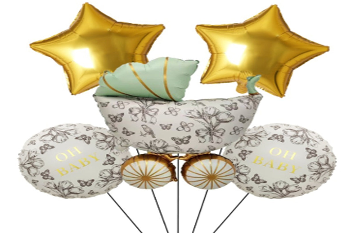 MINT AND GOLD BABY CARRIAGE BALLOON BOUQET