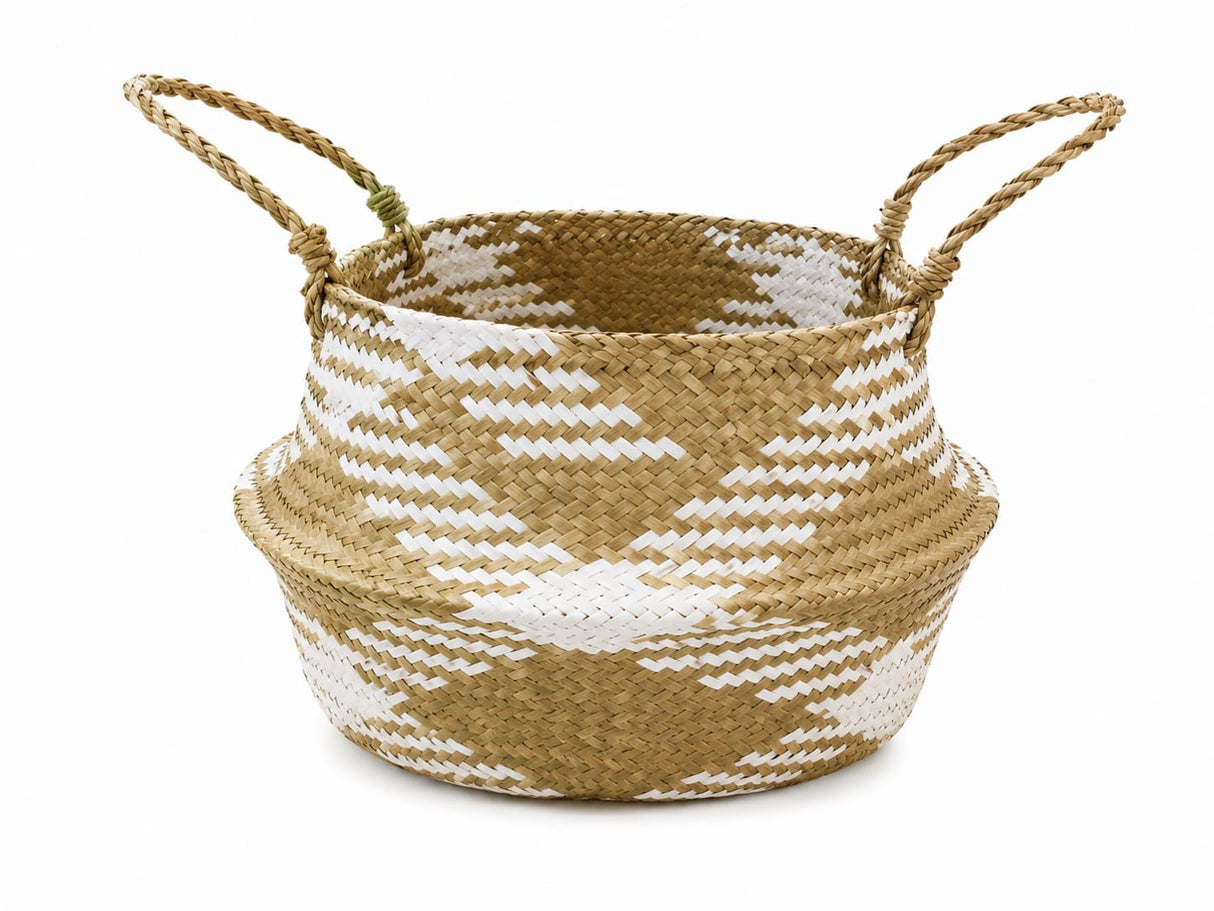 HANDWOVEN BASKET BEIGE AND WHITE WITH HANDLES 29 CM