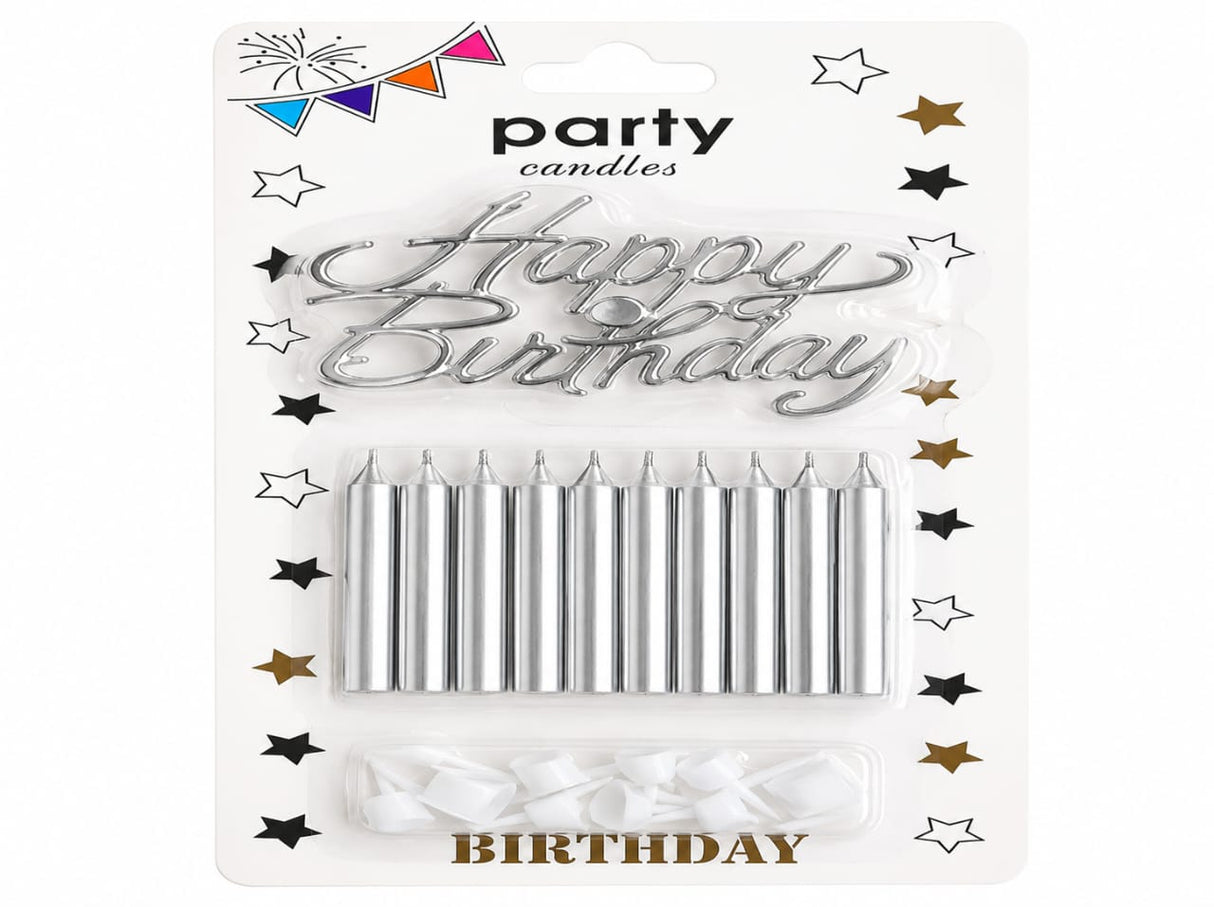 METTALIC CANDLES WITH HAPPY BIRTHDAY TOPPER
