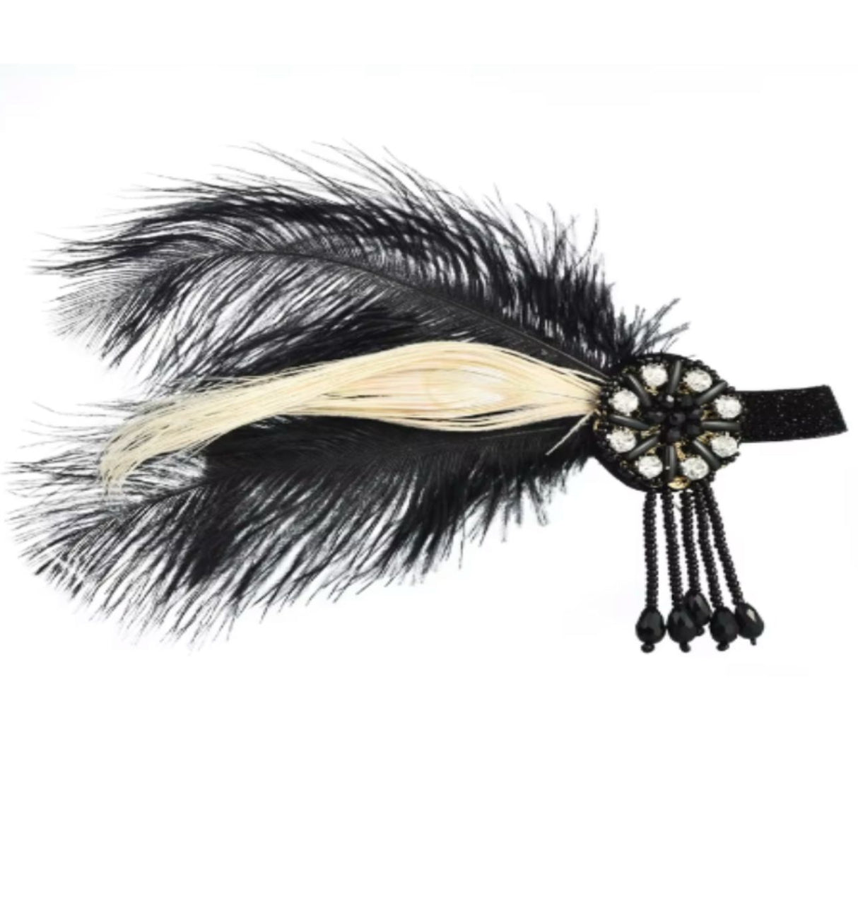 Feather 1920's Round Rhinestone Flapper Headband Black & Gold