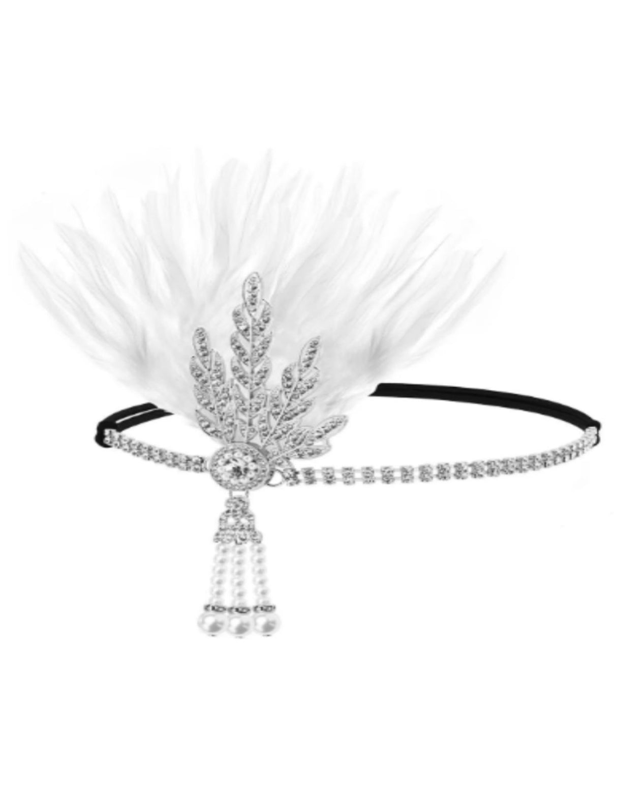 Feather 1920's Rhinestone Flapper Headband White & Silver