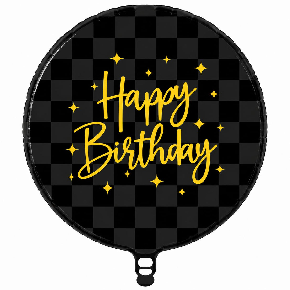 18" ROUND BLACK MATTE & SHINY CHECKER HAPPY BIRTHDAY