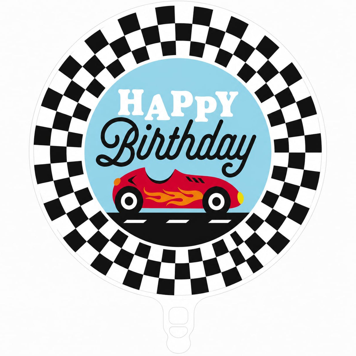 18" ROUND CHECKERED RACE CAR HAPPY BIRTHDAY