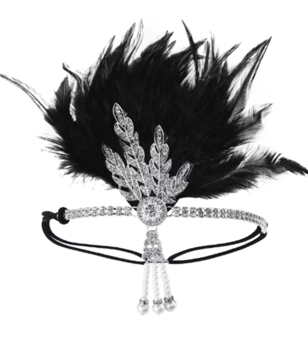 Feather 1920's Rhinestone Flapper Headband Black & Silver