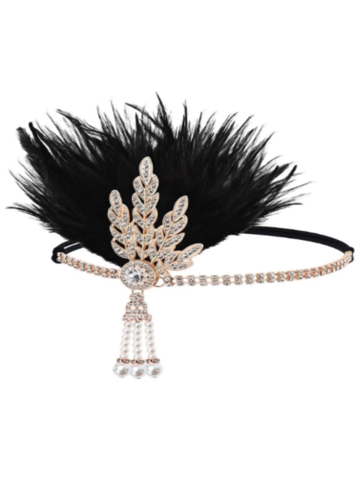 Feather 1920's Rhinestone Flapper Headband Black & Gold